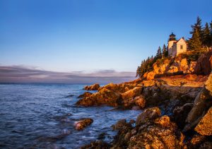 A Classic New England Lighthouse, The Bass Harbor Head Light In The First Light Of Dawn, Acadia National Park, Maine, USA